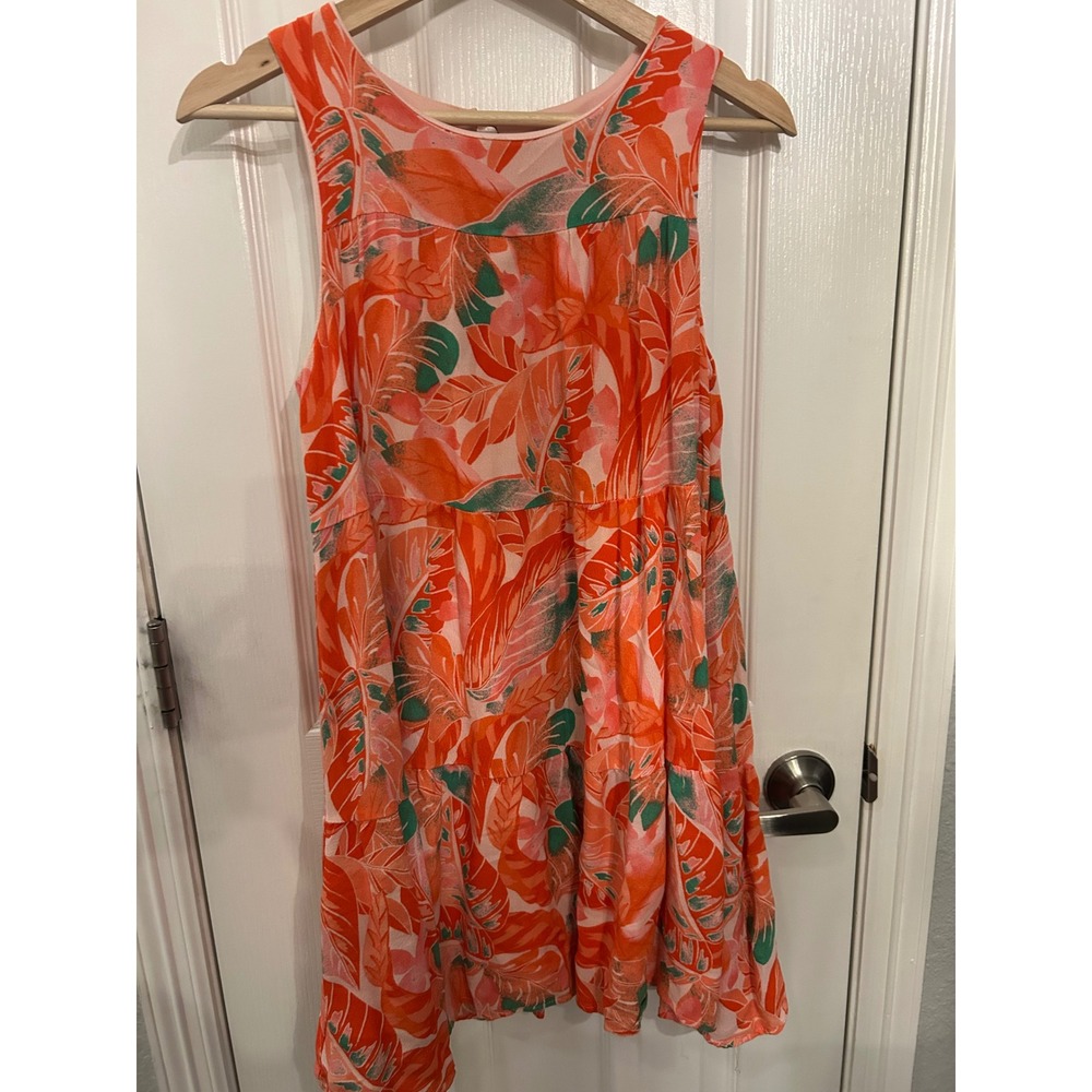 GB Girls Orange Tropical Leaf Print Tiered Sleeveless‎ Dress XL k7038